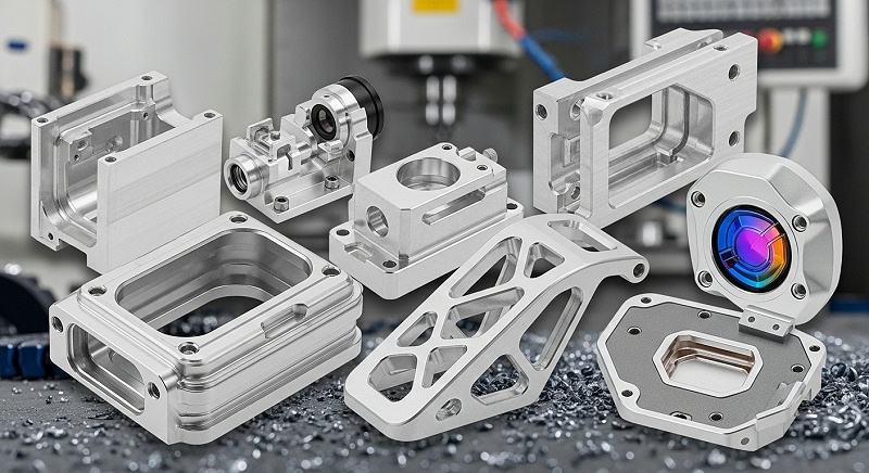A diverse collage of exquisitely finished aluminum CNC parts manufactured by ly-machining, spanning various industries like aerospace, medical, an