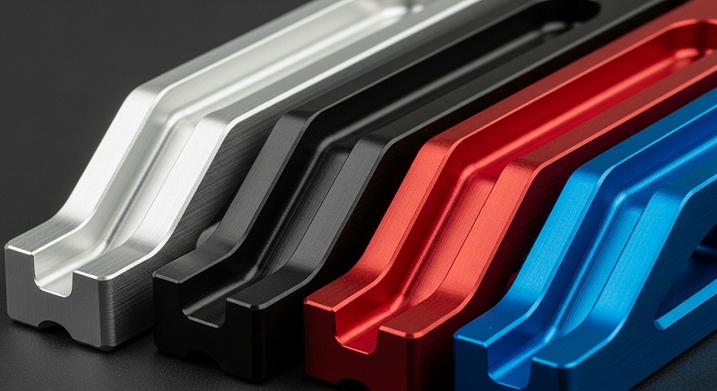 A close-up collection of three distinct CNC machined aluminum parts, each with a different anodized finish one with a clear (natural) anodize sho