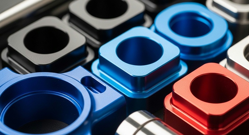 A close-up, high-angle shot of a diverse collection of highly polished and anodized CNC machined aluminum components, showcasing different vibrant
