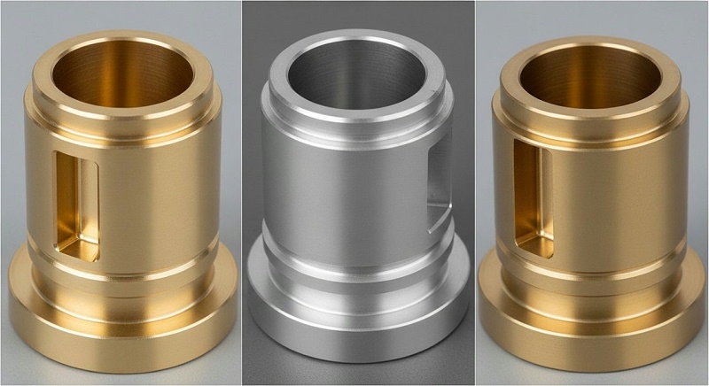 A detailed collage of high-precision CNC machined brass parts, each meticulously crafted and displaying a distinct surface treatment. Featured fin