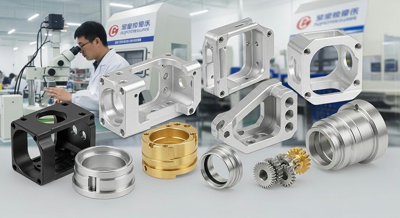 Collage of precision CNC machined metal components, including camera housing parts, electronic enclosures, complex brackets, optical instrument co