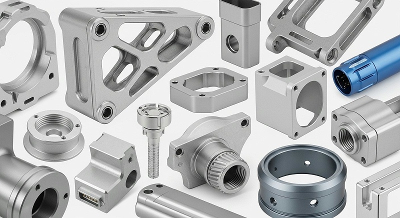 A visually appealing collage of diverse, perfectly finished CNC machined aluminum parts, possibly from different industries like aerospace, medica