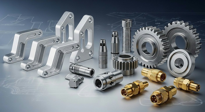 High-precision CNC machined metal parts collection featuring common materials aluminum aerospace brackets, titanium medical implants, stainless s